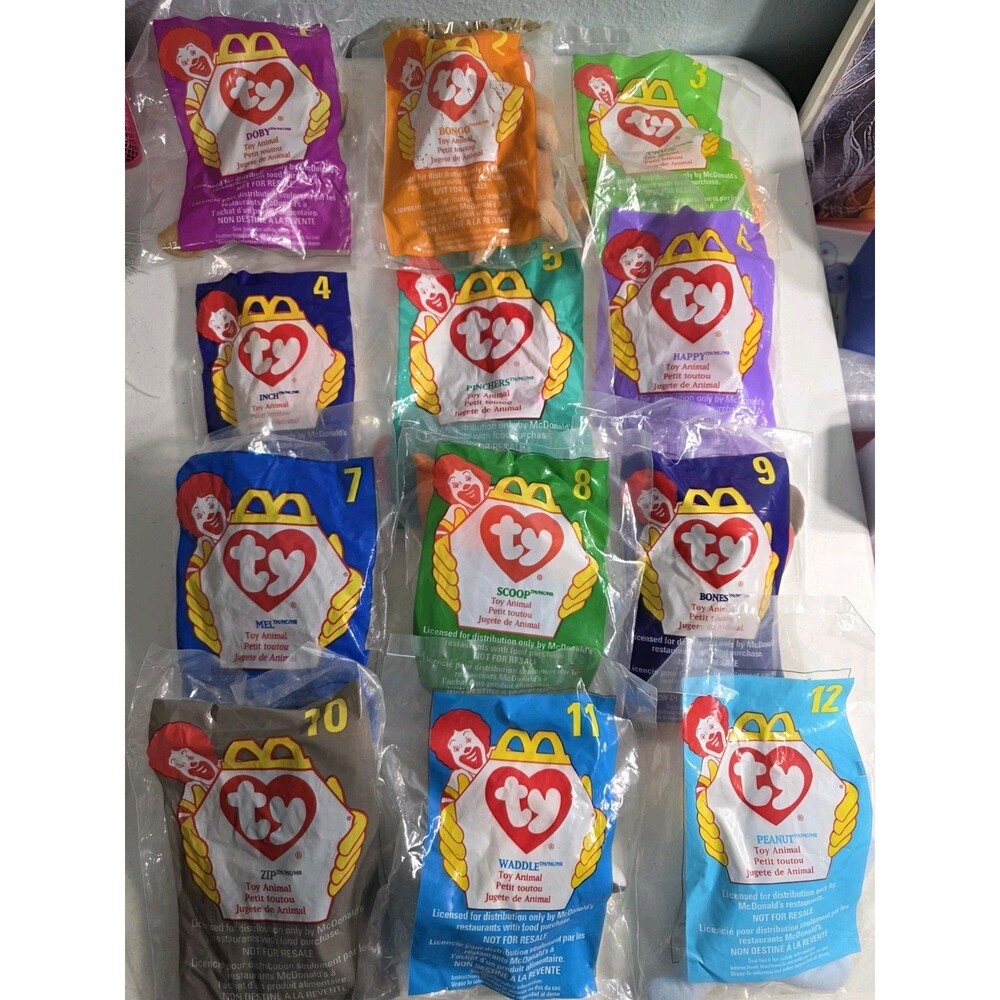 VTG McDonald's Happy Meal 12 TY Teenie Beanie Babies Peanut Elephant Inch Worm